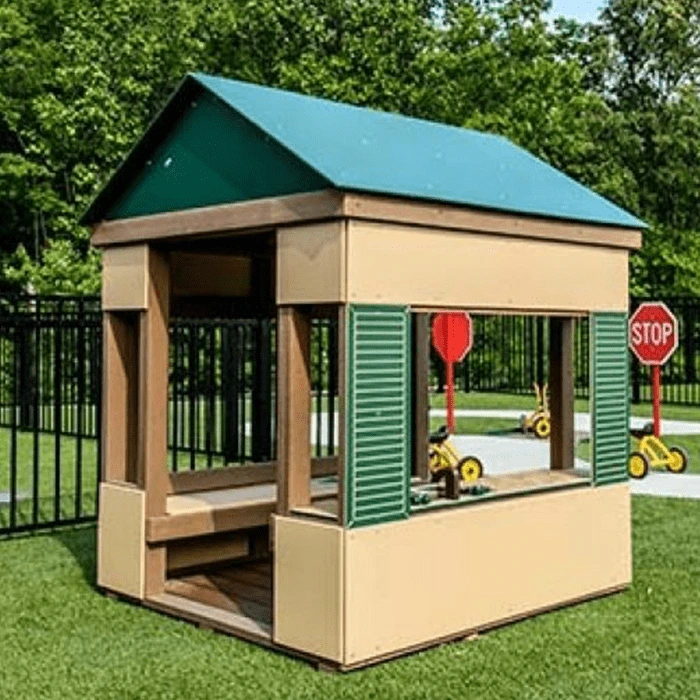 Commercial outdoor playhouse for young children in an interactive playground setting